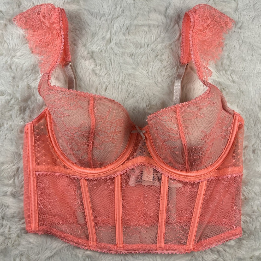 Victoria's Secret Women's Dream Angels Corset Bra Floral Lace Orange Peach XS